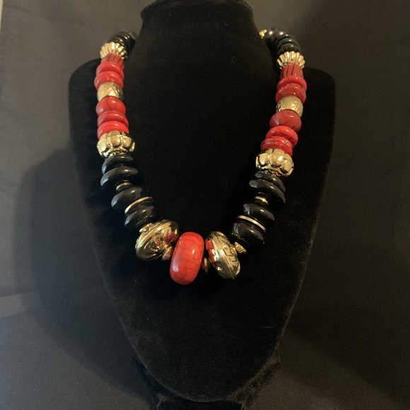 Red,Black,Gold Tone Beaded Necklace - Picture 1 of 3